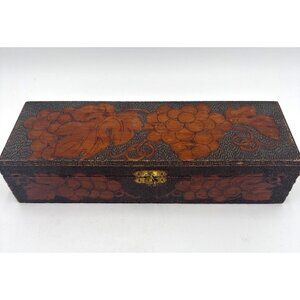 Vintage Handcrafted Wooden Grapevine Design Trinket Pyrography Box Brass Clasp